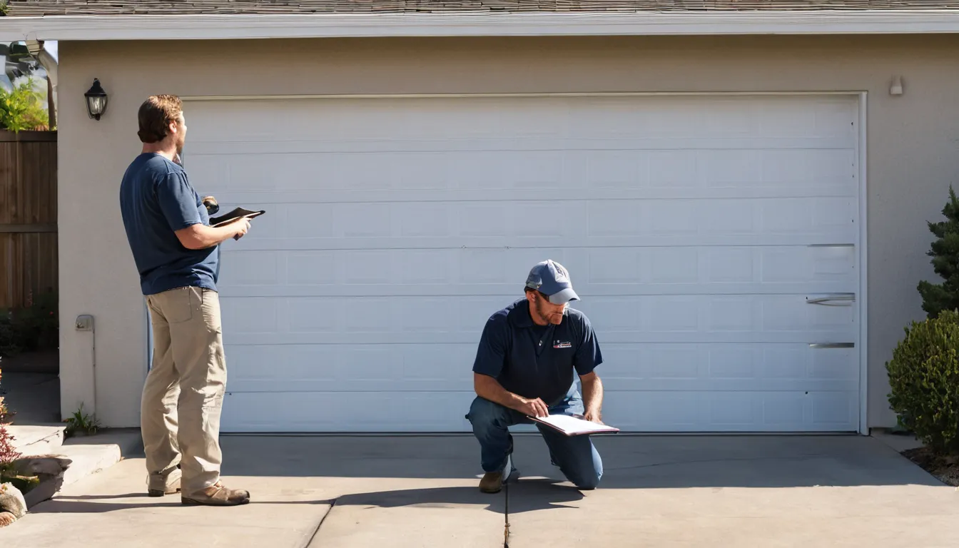 A local provider checking a garage door spring above a open door at a Palo Alto home